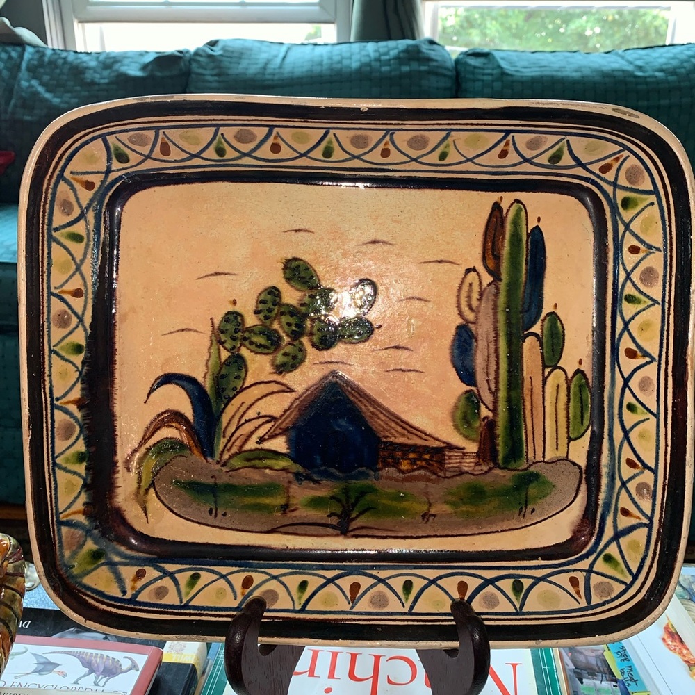 Vintage Mexican Handcrafted Ceramic Art Tlaquepaque Plate with Desert Scene Sign